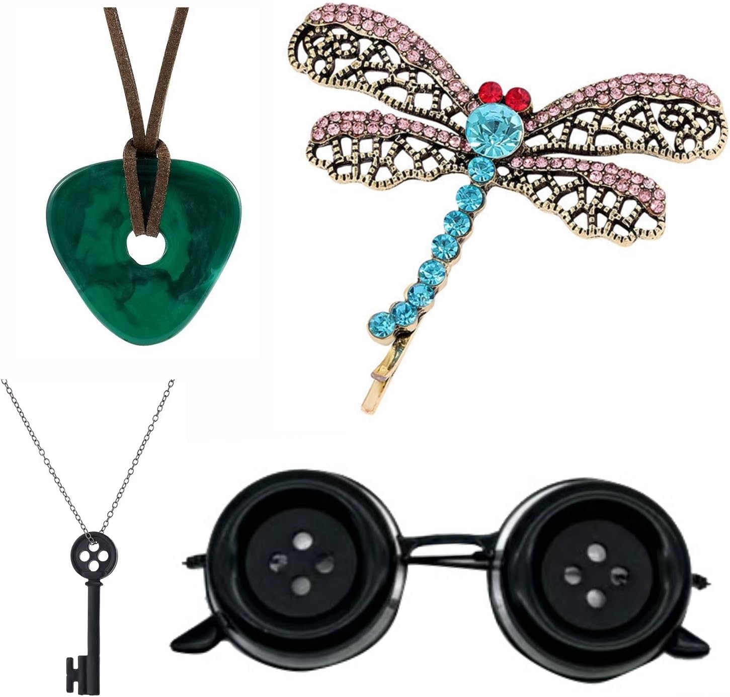 4 Pcs Accessories Fit for Cosplay Costume, Button Eyes Glasses, Key Necklace, Hair Clip, Green Stone Set Halloween Merchandise, Christmas Birthday Gift for Women Men and Fans