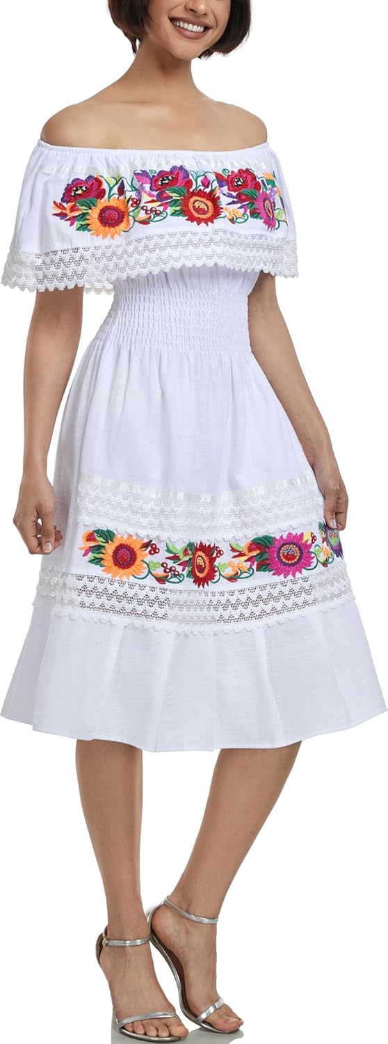 YZXDORWJ Mexican Dress for Women Embroidered Traditional Boho Theme Fiesta Floral Lace Off-Shoulder Ruffle Party Dress - Image 2