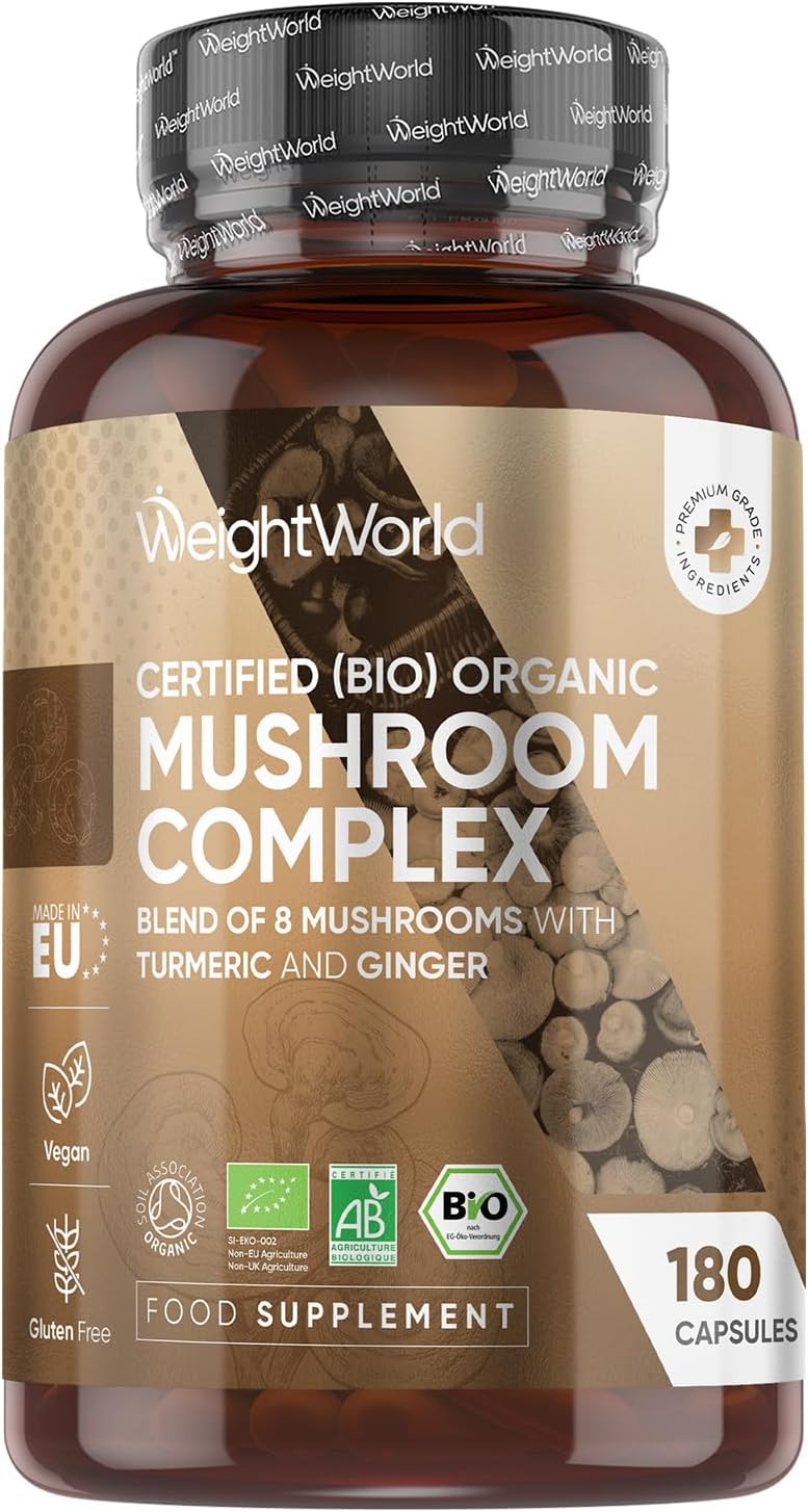 WeightWorld Organic Mushroom Complex | 180 Vegan Capsules | Lions Mane Mushroom, Cordyceps, Shiitake, Reishi, Chaga, Maitake & More | Added Turmeric & Ginger | Gluten-Free & Non-GMO | Made in EU
