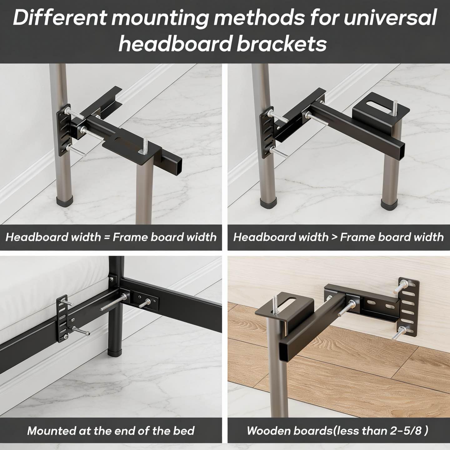 Headboard Brackets for Metal Bed Frame, Heavy Duty Headboard Attachment Kit with Hardware, Adjustable Headboard/Footboard Extension Brackets for Twin, Full, Queen, King Beds, 2 Pack (Black)