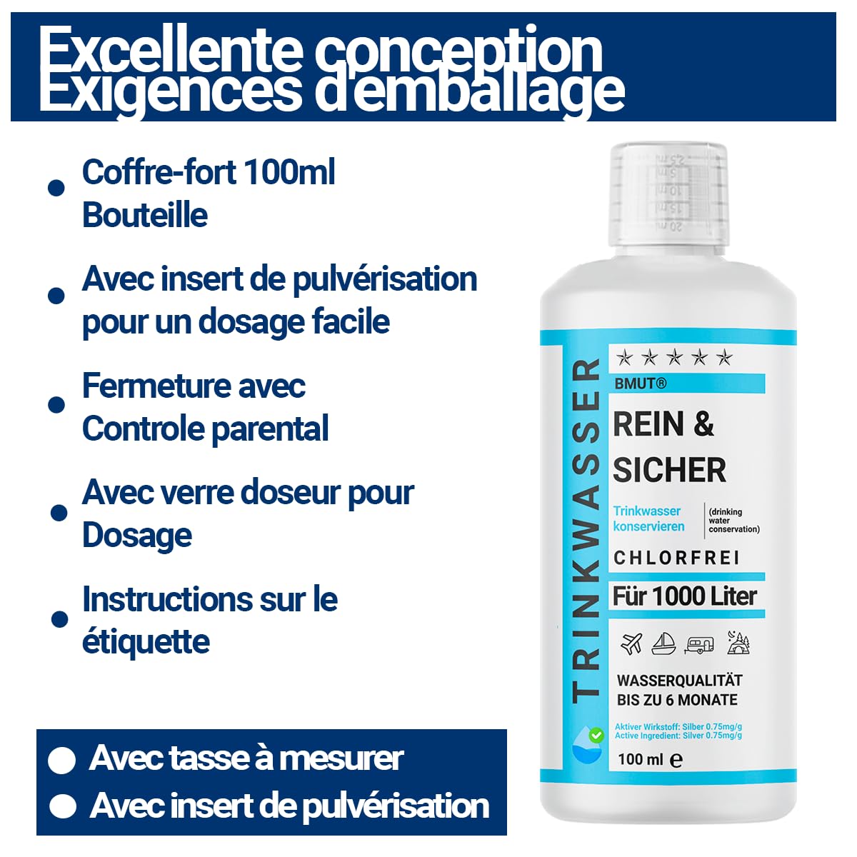 1x 100ml Traitement de l'eau potable Conservation pour 1000 litres empêche les germes – Pur & Sûr – Caravane, Camping, Réservoir, Extérieur, Urgence