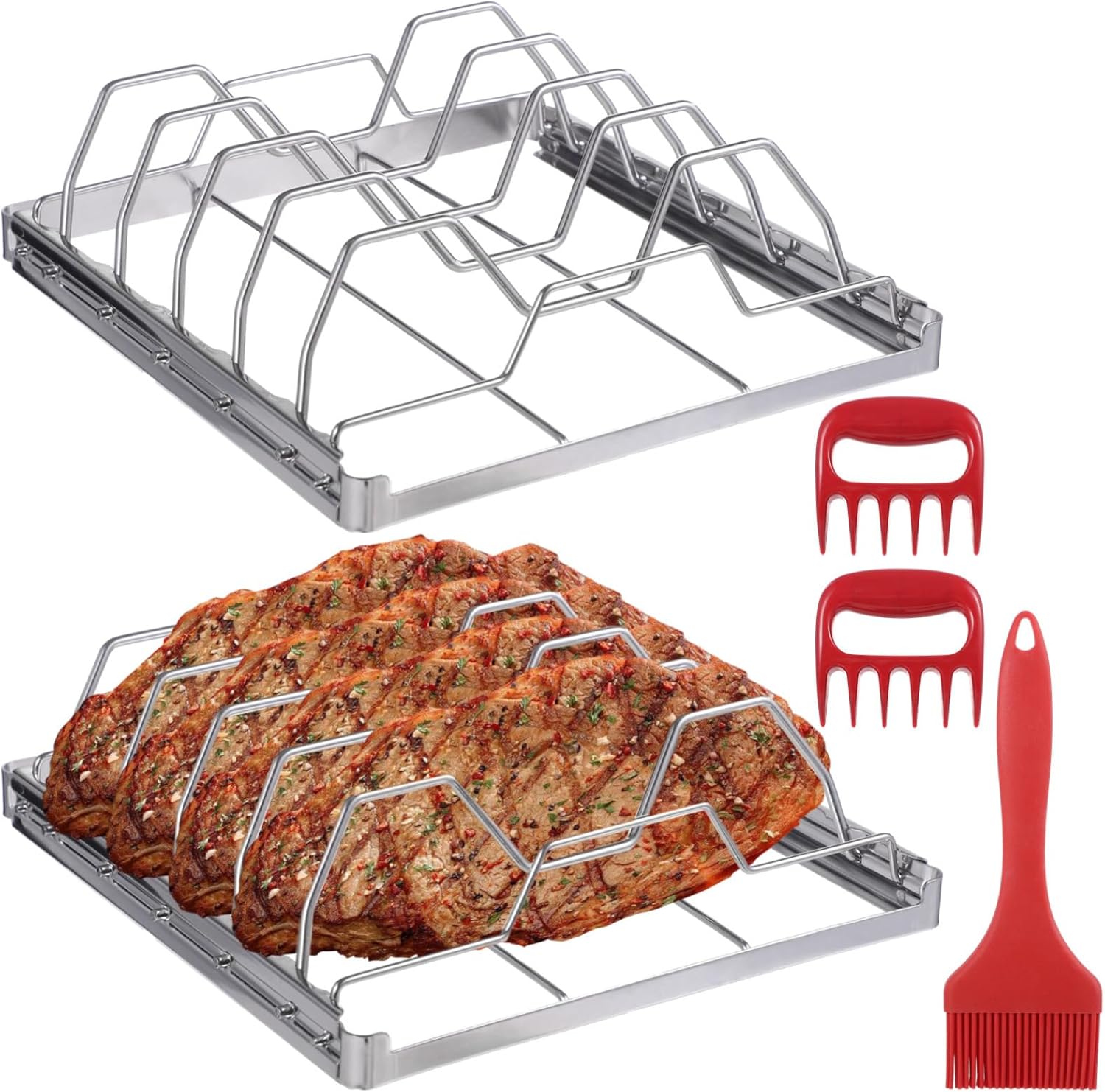 Grilling 2 Pcs Foldable Rib Racks Stainless Steel, BBQ Steak Chicken Roast Racks Holders, with 1 Silicone Brush & Meat Shredders 2, Fit Grills Most, Outdoor Accessories