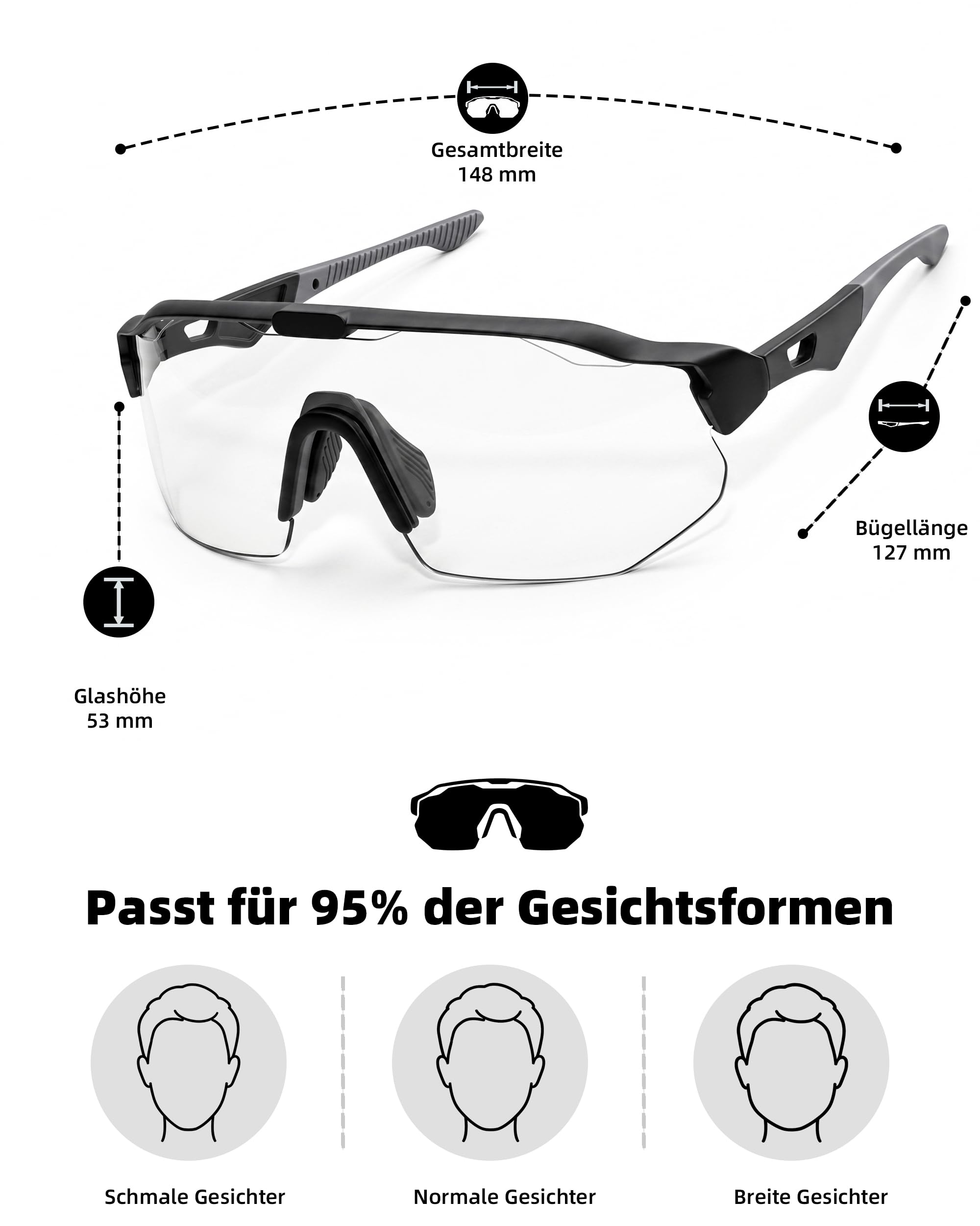 Fahrradbrille Herren Damen Selbsttönend, Photochrome Laufbrille UV400 mit Verstellbarem Nasenpad, 27g Leichte TR90 Sportbrille Sonnenbrille Schnelle Brille für Fahrrad, MTB, Outdoor