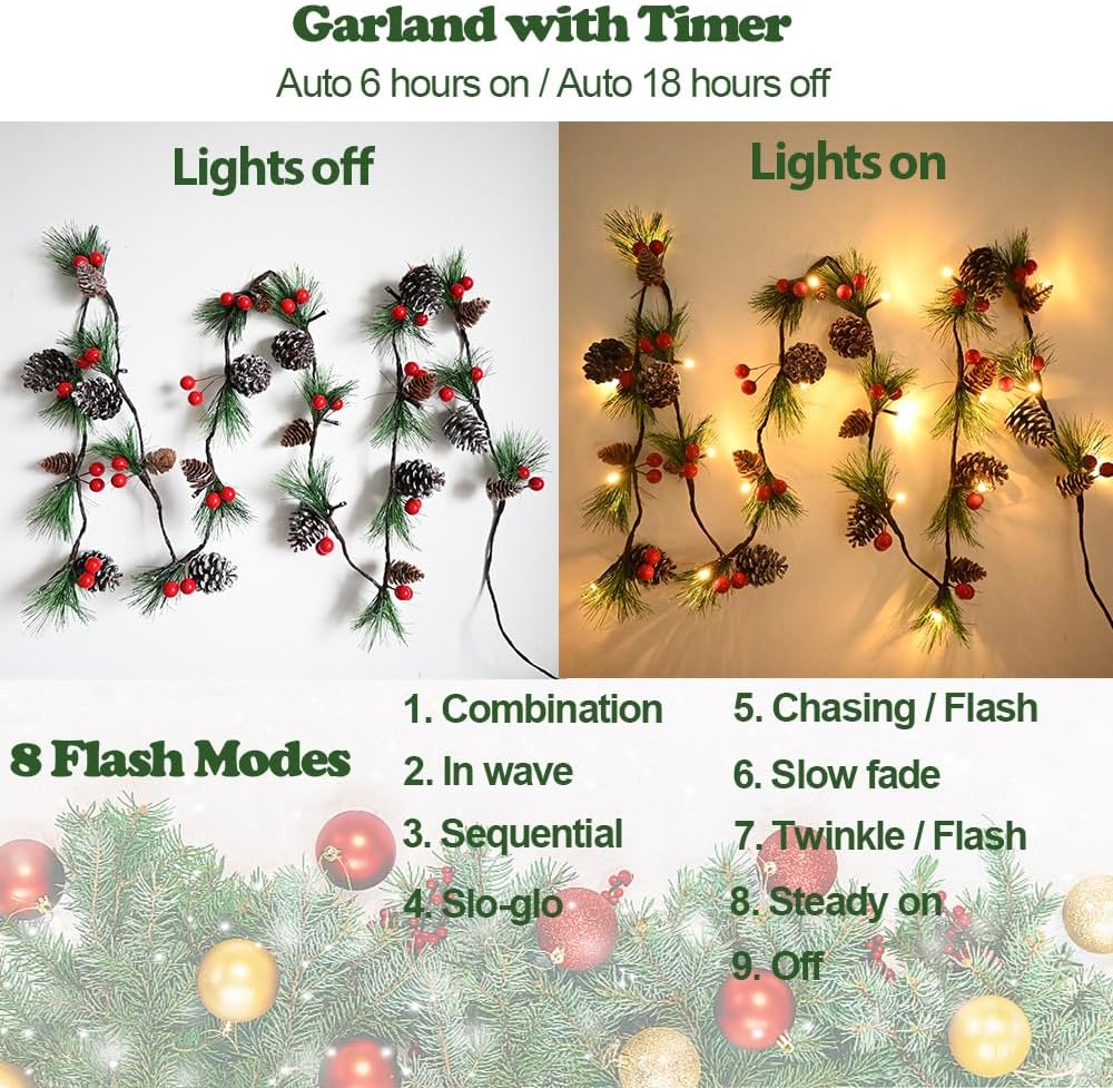 Christmas Garland Lights 6.56FT Holiday Prelit Garlands Pine Cone Red Berry Battery Operated with Remote Garland Wreath Xmas Decor Lights for Outdoor Indoor Christmas Tree Home Frontdoor Decorations - Image 3
