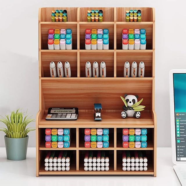 Wooden Pen Holder Storage Box Desk Organizer Multi-Functional Desk Tidy Pen Holder Large Desk Organiser Office Storage Rack for Home, Office and School (Wood color)
