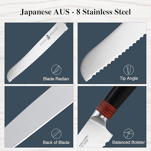 Vista 3 de TUO Cuchillo de cocina de 9 pulgadas, cortador de pan dentado, afilado, profesional, hecho en casa, pizza, cuchillo para rebanar pasteles, acero