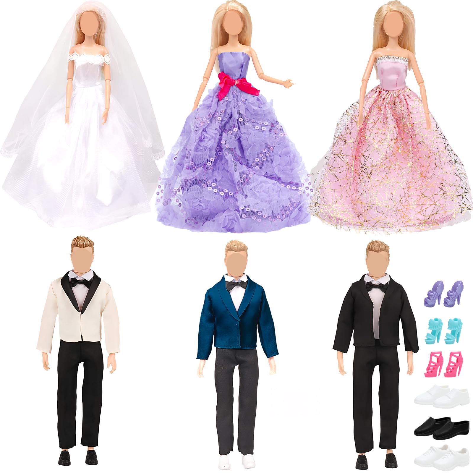 SOTOGO 18 Pieces Doll Clothes and Accessories for 11.5 Inch Dolls Happy Wedding Playset Include 6 Sets Handmade Doll Groom Suit, Wedding Dress and 6 Pairs Shoes