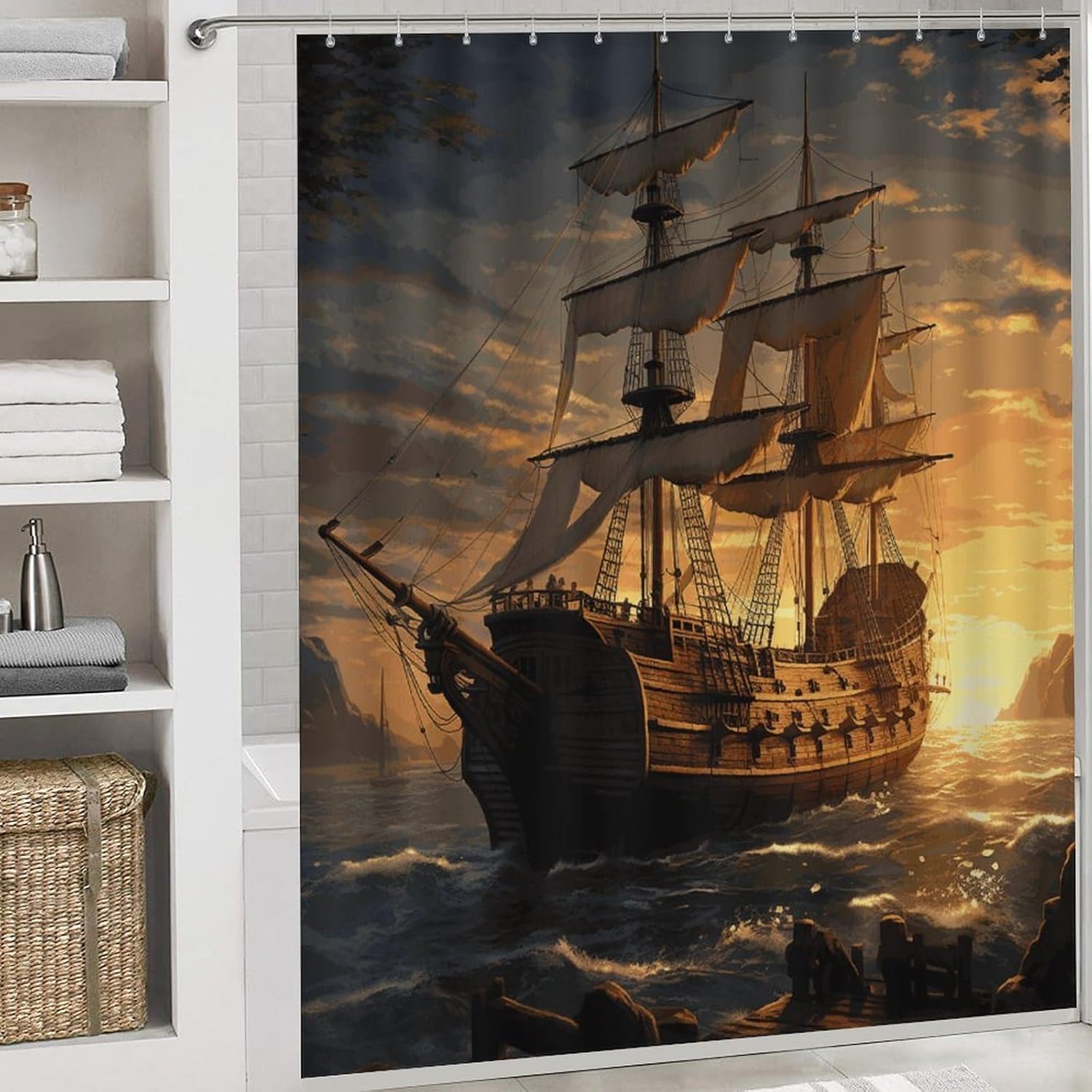 Fantasy Pirate Ship Shower Curtains Set 4 Piece with Non-Slip Rugs, Toilet Lid Cover and Bath Mat Soft Bathroom Carpet Waterproof Bathroom Curtain with 12 Hooks for Bathroom Decor