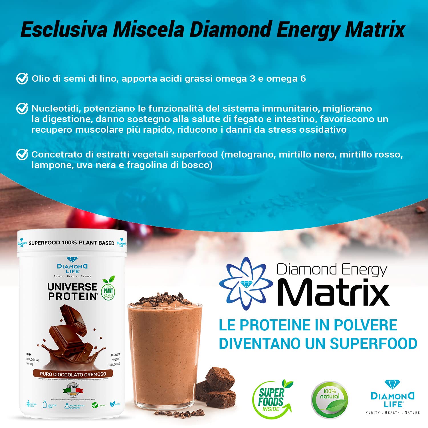DIAMOND UNIVERSE PROTEIN - Proteine in Polvere Vegane (Pisello, Riso e Quinoa) 70% di Proteine ad Alto Assorbimento per Sforzo Fisico, Resistenza e Mass Gainer | Gusto Cioccolato Cremoso | Gluten Free
