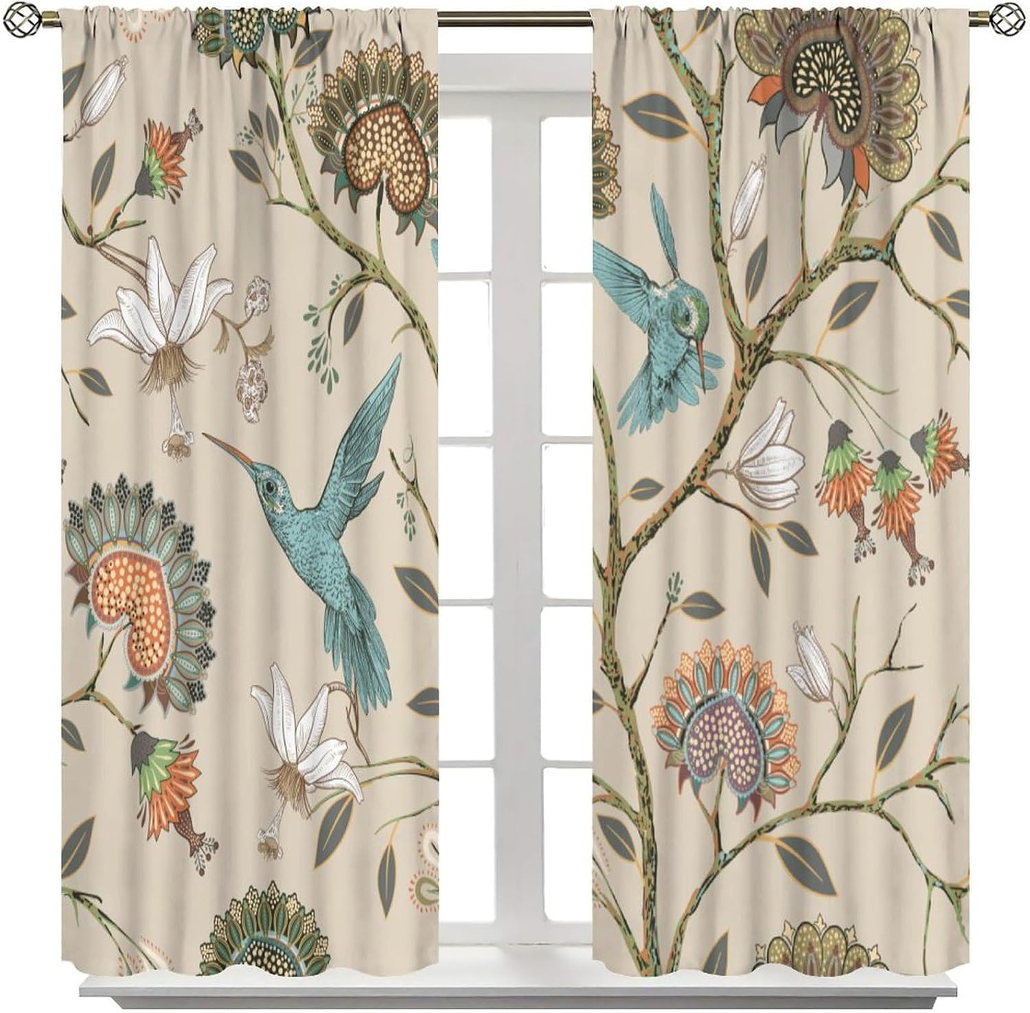 Floral Print Window Curtains,Bohemian Flower Birds Modern Style Room Darkening Door Window Rod Pocket Curtain for Living Room Bedroom Kitchen Bathroom Set 2 Panels,42x54 Inches