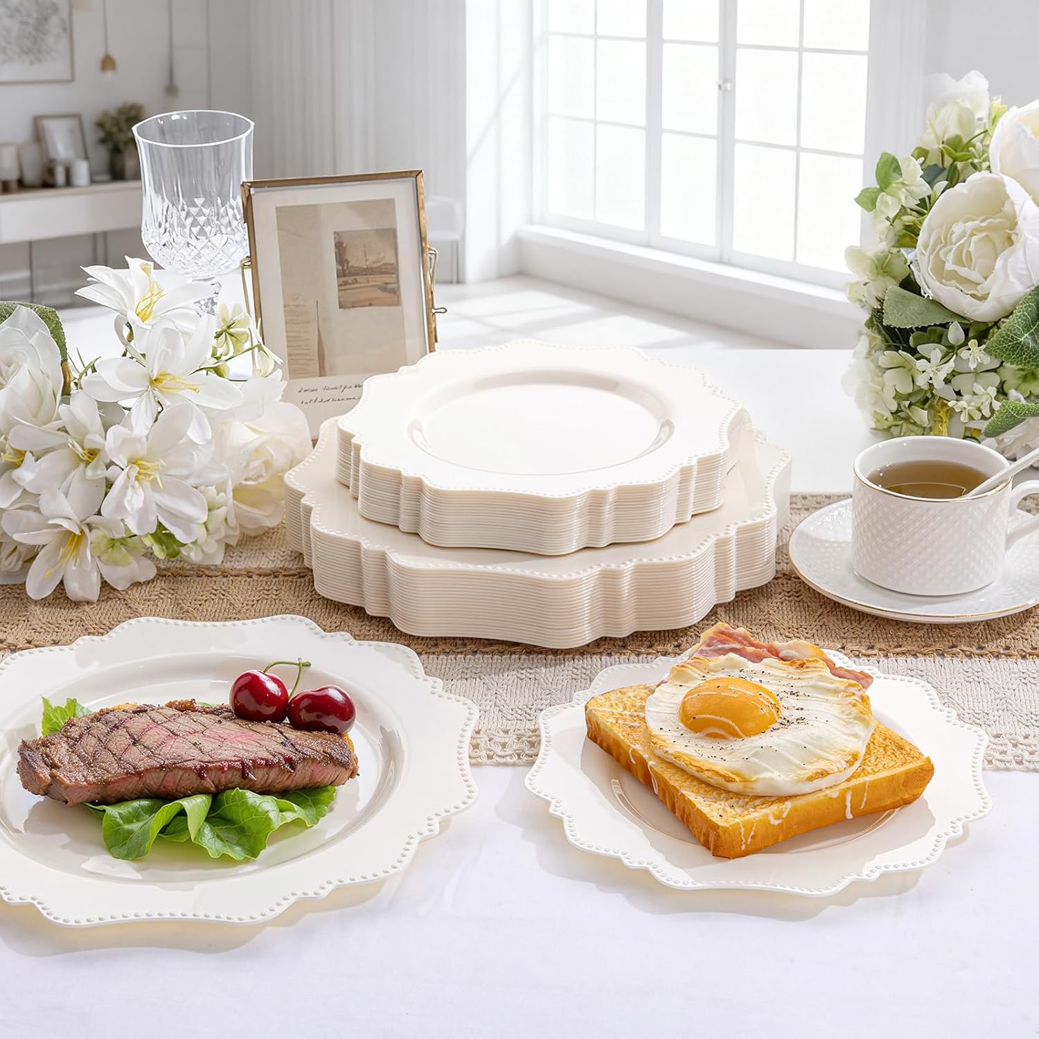COLOSUS 60pcs Ivory Plastic Plates -Elegant Plastic Plates,Heavy Duty Cream Disposable Plates for Party Include 30 pcs Dinner Plate and 30 pcs Dessert Plate for Wedding/birthday/baby shower - Image 4