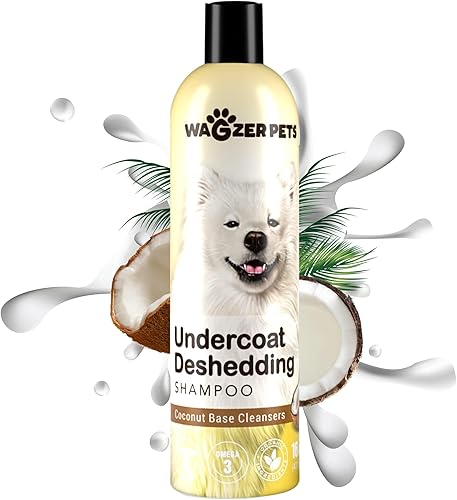 Wagzer Pets Champú para perros Deshedding Rico en aceite de coco para perros, vitamina E, ácidos grasos Omega 3-6 para control de desprendimiento y Wagzer Pets Champú para perros Deshedding Rico en aceite de coco para perros, vitamina E, ácidos grasos Omega 3-6 para control de desprendimiento y