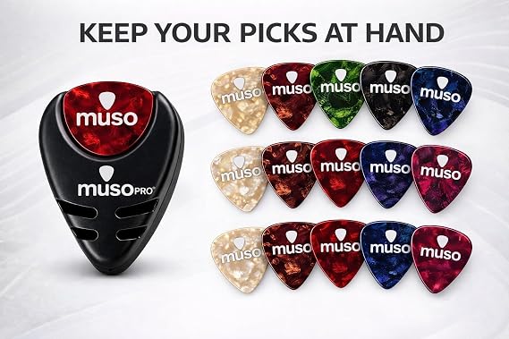 Guitar Picks Holder with 15 Picks, Plectrum for acoustic -Celluloid Plectrums for Acoustic & Electric Guitar, Bass & Ukulele, Thin, Medium and Thick Set.