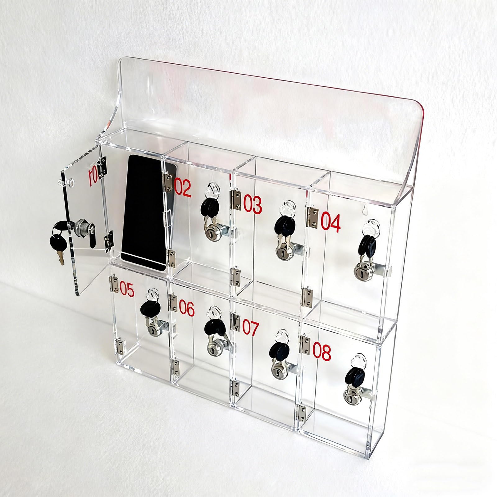 uofgcru Cell Phone Storage Cabinet Office Supplies Mobile Phone Cabinet Box Desktop Transparent Acrylic Mobile Safe Deposit Box With Lock 42.5×7×37.5cm(8 Slot)