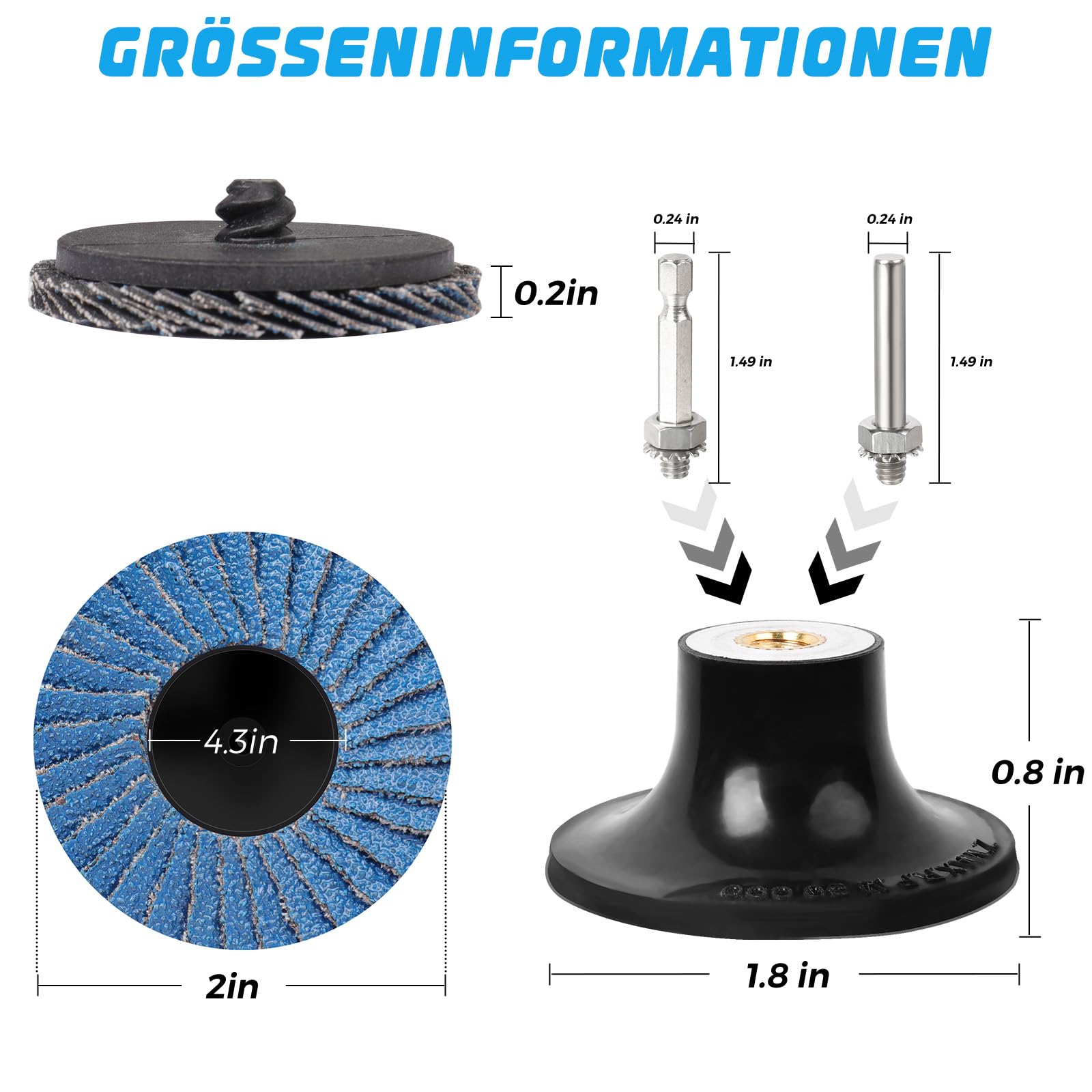 Fächerscheiben 50mm, 75 Stück 2 Zoll Schleifscheiben Körnung 40/60/80/120, Zirkonkorund Blau Schleifmopteller für Winkelschleifer Metall Stahl Holz Polieren Entgraten