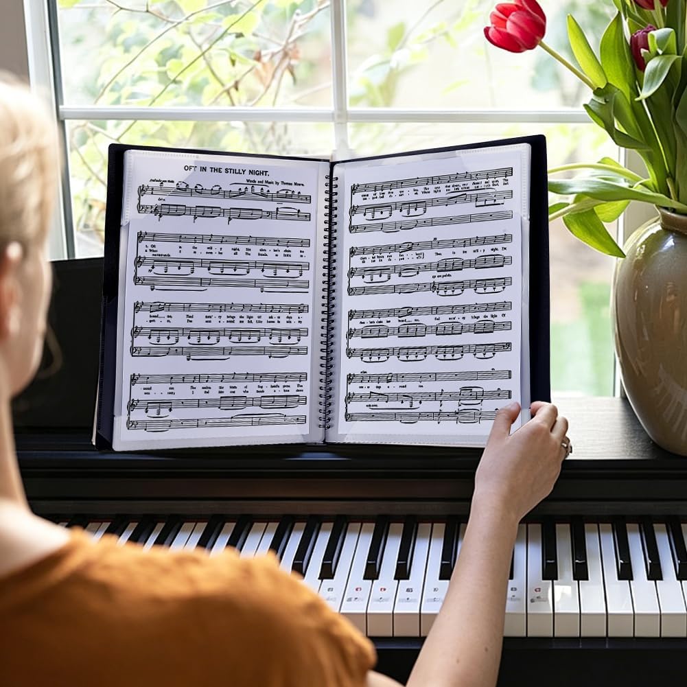 INFUNLY Sheet Music Folder 30 Sleeves Display 60 Pages Spiral Binder Organizer Fits Letter Size 8.5" x 11" with Stickers Pen Clip Writable Choir Sheet Organizer for Concert Hall Choir Singers Pianists