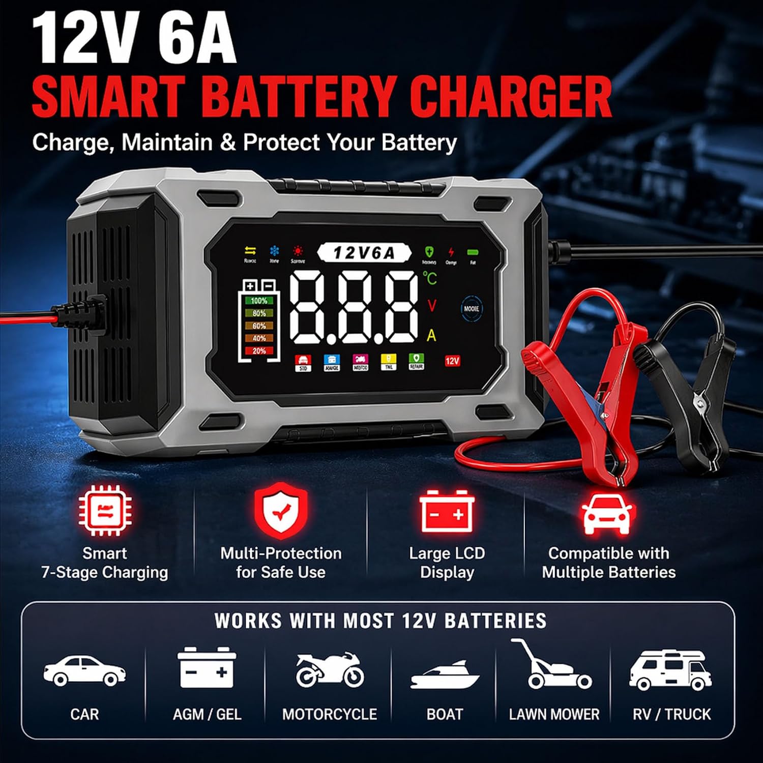 12V Smart Battery Charger Maintainer, Automatic Trickle Charger & Intelligent Pulse Repair Desulfator with LED Display, for Car, Motorcycle, Marine, ATV, RV, SLA and AGM Batteries (2 Pcs)