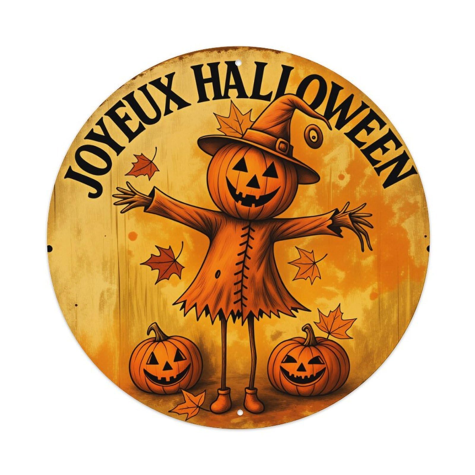 Pumpkin Scarecrow Halloween Leaves Orange Round Tin Sign Vintage Style Metal Sign Home Bar Garden Wall Plaque Decor Metal Poster 8x8 Inch