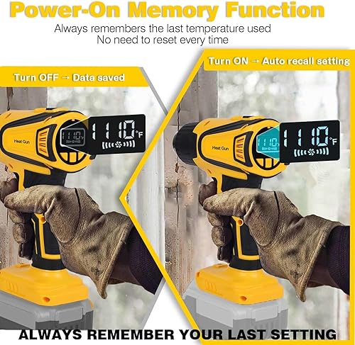 Miniatura 5 de Pistola de calor inalámbrica compatible con batería Dewalt de 20 V, pantalla LCD de 350 W, ajuste de 2 temperaturas (122-1022), 4 boquillas, pistola