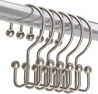 Titanker Shower Curtain Hooks Matte Nickel, Minimalist Simple Double Glide Shower Curtain Rings, Rust Proof Metal Shower Hooks Rings for Bathroom Shower Rods Curtains, Set of 12 Hooks