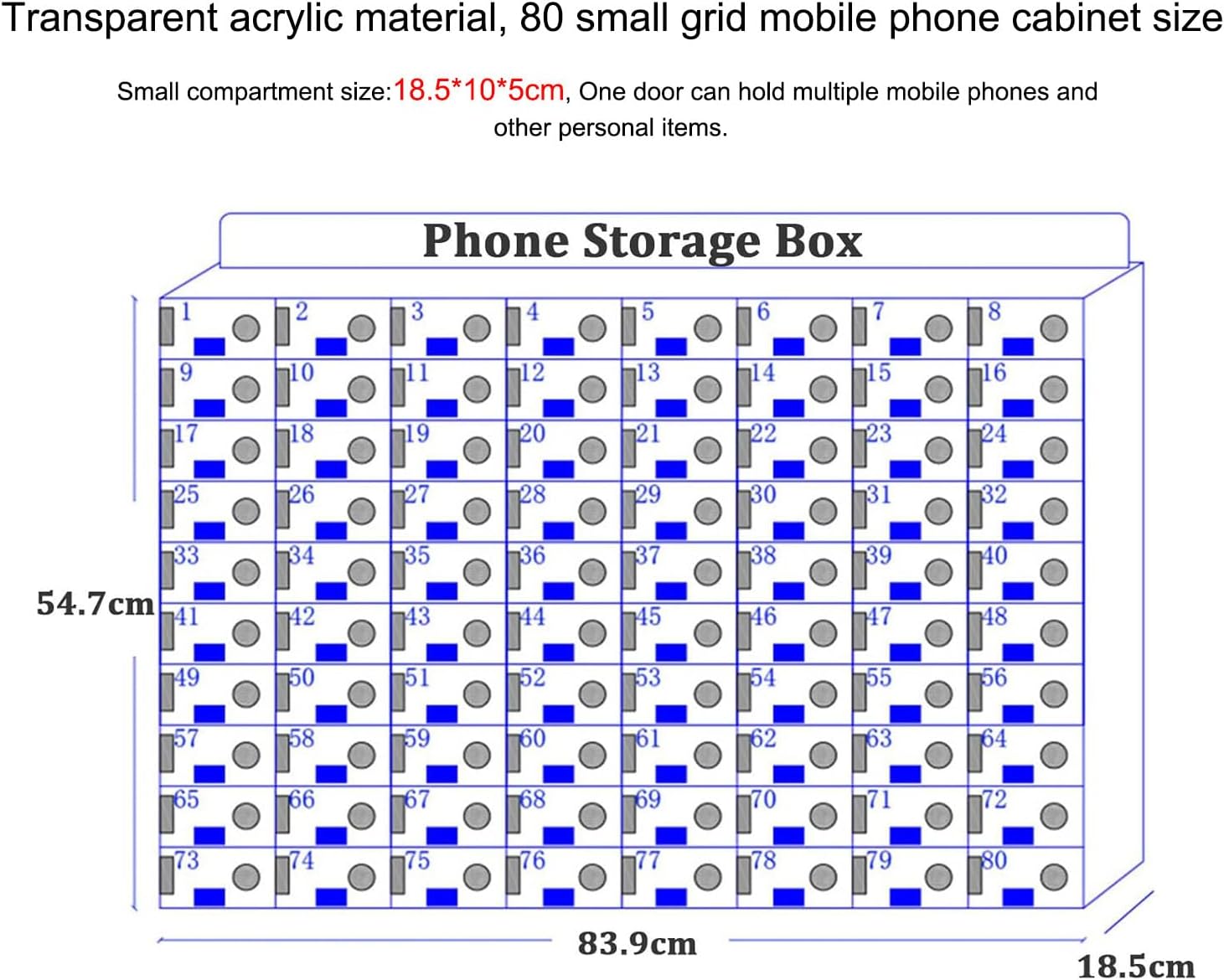 Lockable Acrylic Cell Phone Storage Box - 100-Grid Secure Organizer for School, Classroom, Office & Factory Use (A-80 Grid) - Durable, Space-Saving Solution