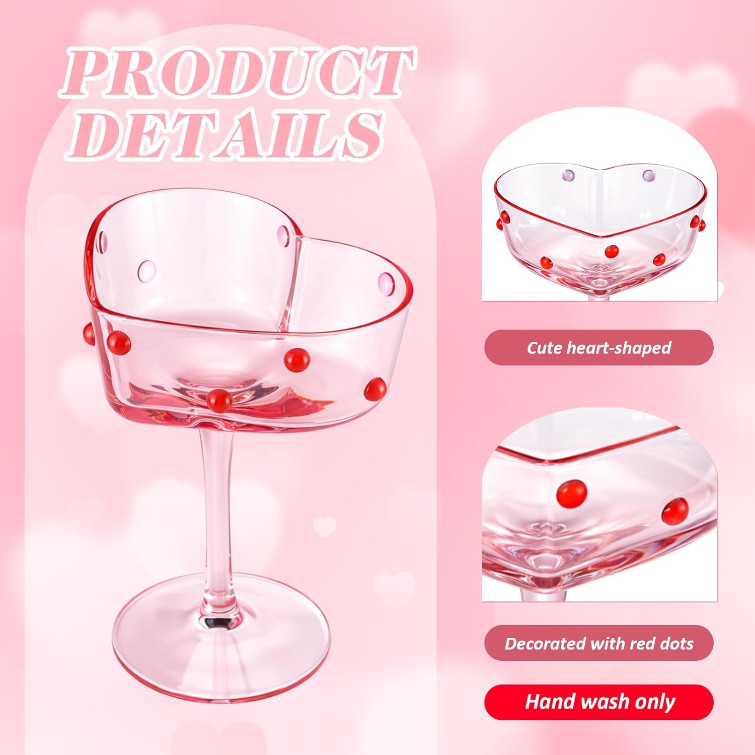 2 Pcs 12 oz Valentine's Day Heart Shaped Pink Martini Wine Glasses with Romantic Polka Dots Valentine's Day Gift Couple Glasses Heart Red Dotted Romantic Birthday Wedding Supplies