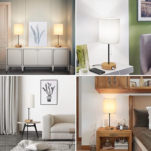 Miniatura 7 de Juego de 2 lámparas de mesa con puertos de carga USB, lámparas de noche con salida de CA, lámparas de mesita de noche con interruptor de cadena,