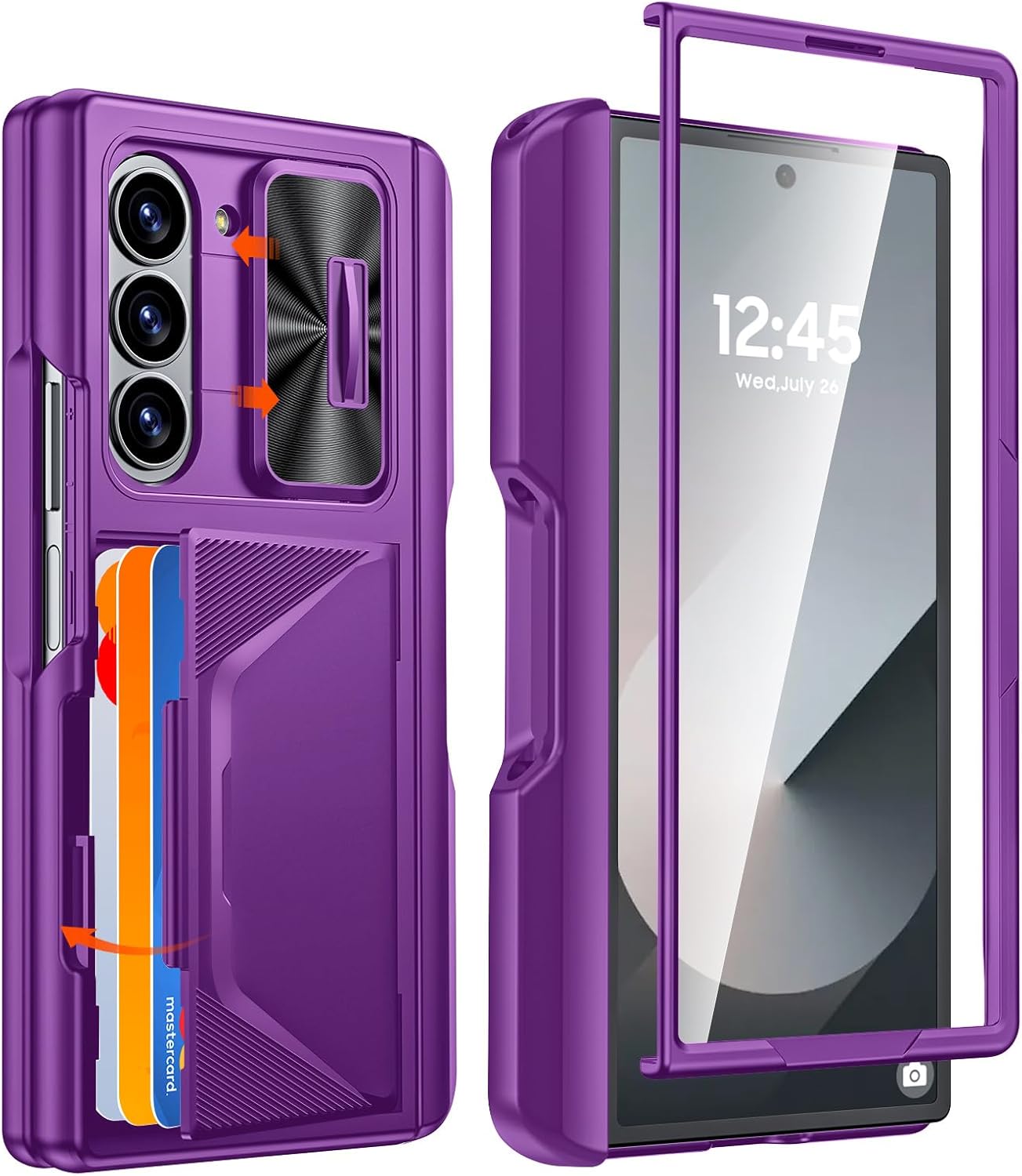 CENMASO for Samsung Galaxy Z Fold 6 Case with S Pen Holder & Wallet Card Holder & Slide Camera Cover & Hinge Protection & Screen Protector [RFID Blocking] Shockproof Protection Case for Fold 6-Purple