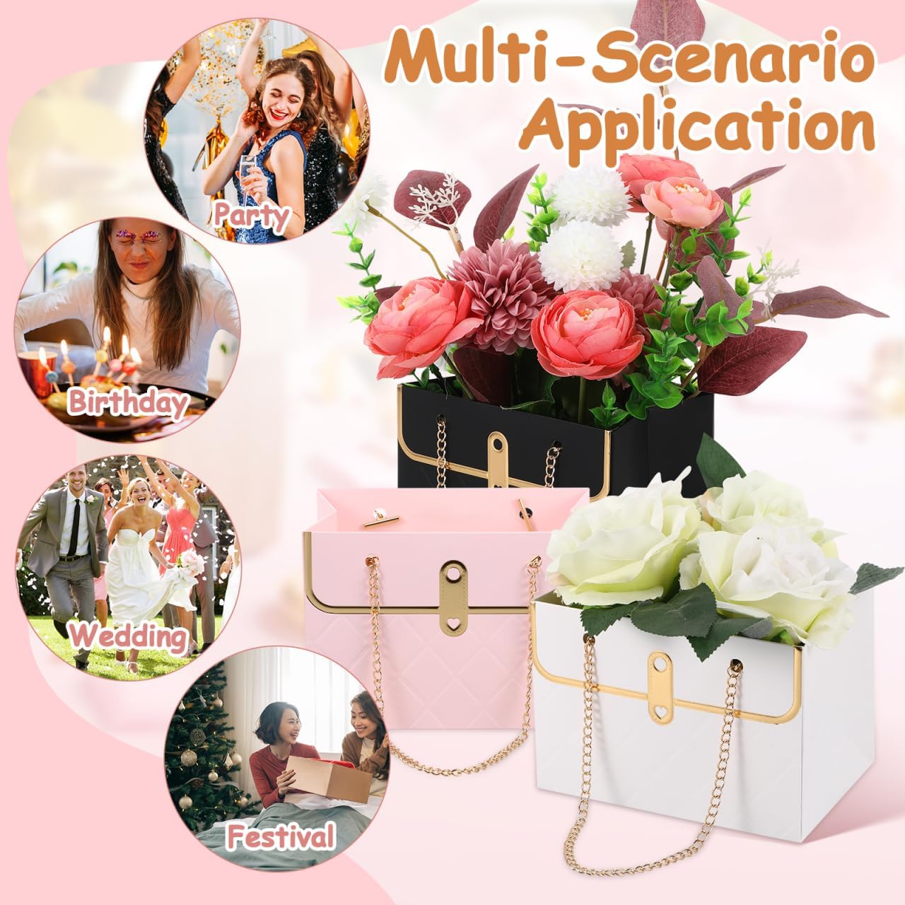 SAFIGLE 9pcs Floral Bouquet Bags Purse Shaped Handheld Packaging Tote Large Capacity Decorative Flower Bag for Gift Presentation and Party Wrapping 5.91X4.13X3.94 Inches（Red +Black+Pink） image 4