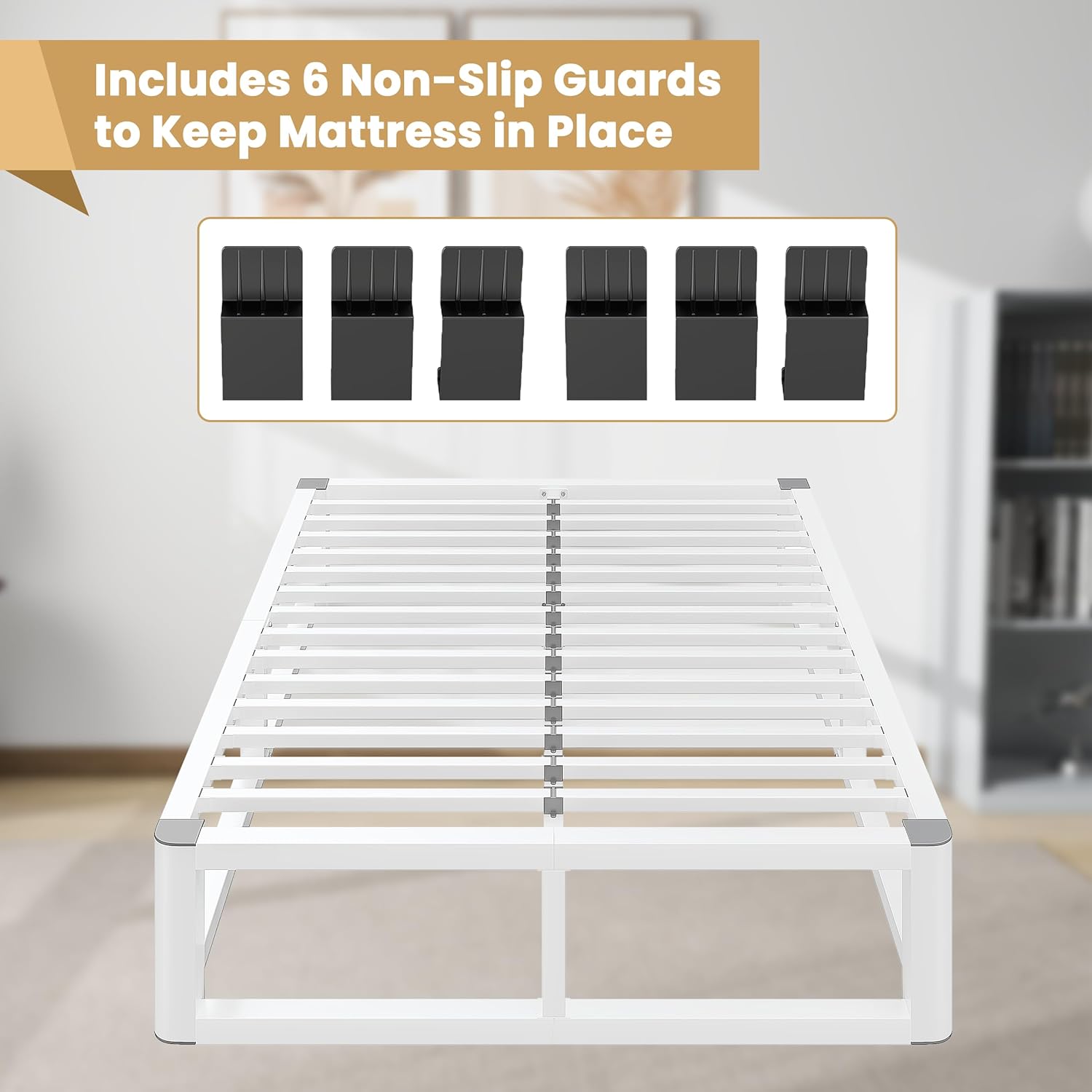 14 Inch Full Size Bed Frame with Rounded Corner and Headboard Hole, Metal Platform Bed Frames 6 Non-Slip Guards, 3500lbs Heavy Duty Steel Slat Support, Squeak Free, No Box Spring Needed, White