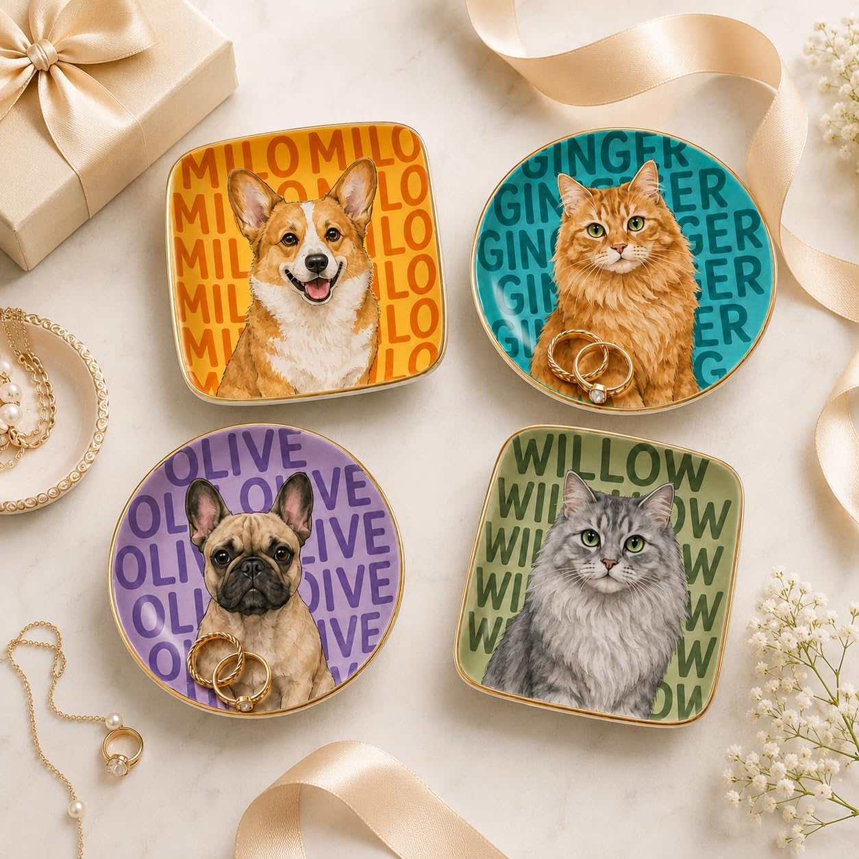 LullabyMall Custom Pet Portrait Jewelry Dish, Personalized Dog Cat Photo Ring Dish with Name, Ceramic Trinket Tray for Rings Earrings, Custom Pet Keepsake for Dog Cat Lovers, Gift for Christmas