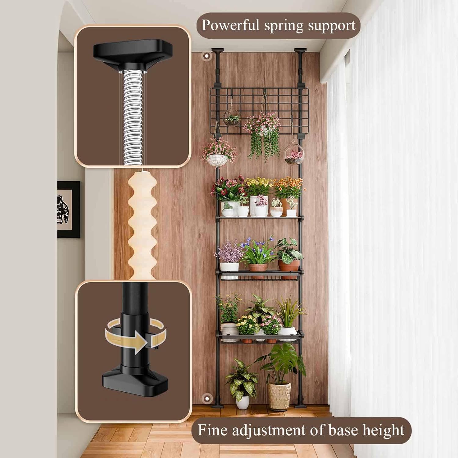 4-Tier Adjustable Indoor Plant Rack, Multi-Tier Flower Pot Display Rack, Telescopic Spring Tie Rod, Floor to Ceiling Flower Pot Storage Shelf with Hooks, Tension-Fixed Open-Type Tall Plant Shelf