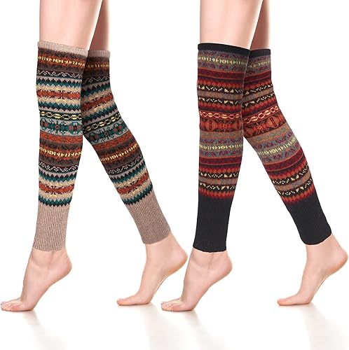 Miniatura 4 de SATINIOR 2 Pairs Bohemian Knit Leg Warmers Winter Long Leg Warmers Boot Cuffs Socks for Women
