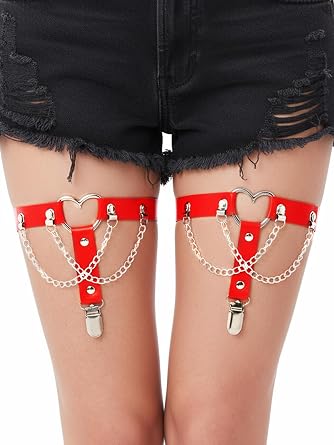 deladola Adjustable Heart Leg Garter with Chain Elastic Punk Garters Belt Anti-Slip Clips Harness Straps for Women