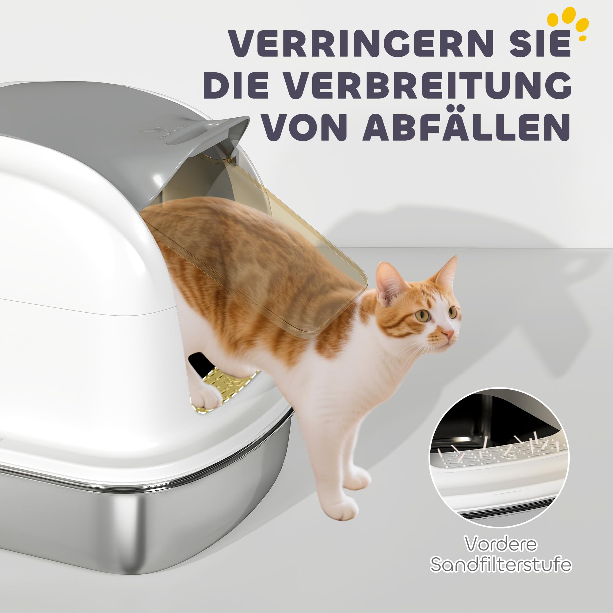 PawHut Katzenklo Edelstahl mit Deckel Kastenklo 52,4 x 41,3 x 42 cm Weiß | Katzentoilette mit Wanne, Inklusive Streuschaufel, Für Katzen unter 5 kg