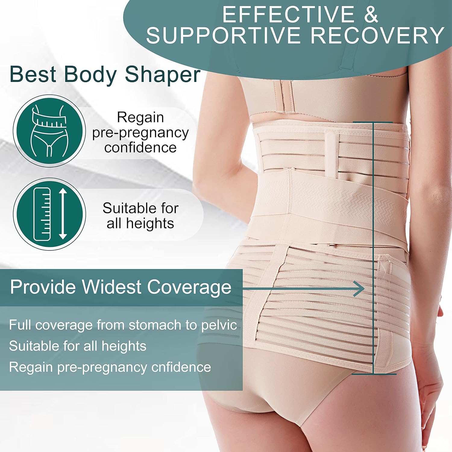 3 in 1 Postpartum Support - Recovery Belly Belt Free Size Abdominal Support for Post Delivery, Slimming Waist, Lower Back Pain, Tummy Reduction Belt for Belly After Delivery C-Section (Skin)
