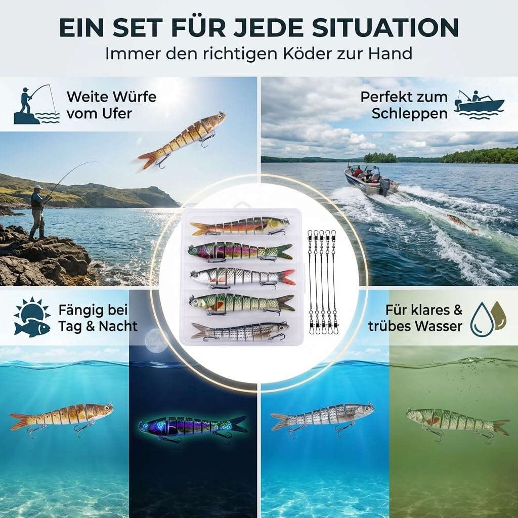 set esche artificiali 5 pezzi in scatola esche da pesca per la pesca dei predatori - spine multi-pezzo con snodo per una corsa realistica a lento affondamento