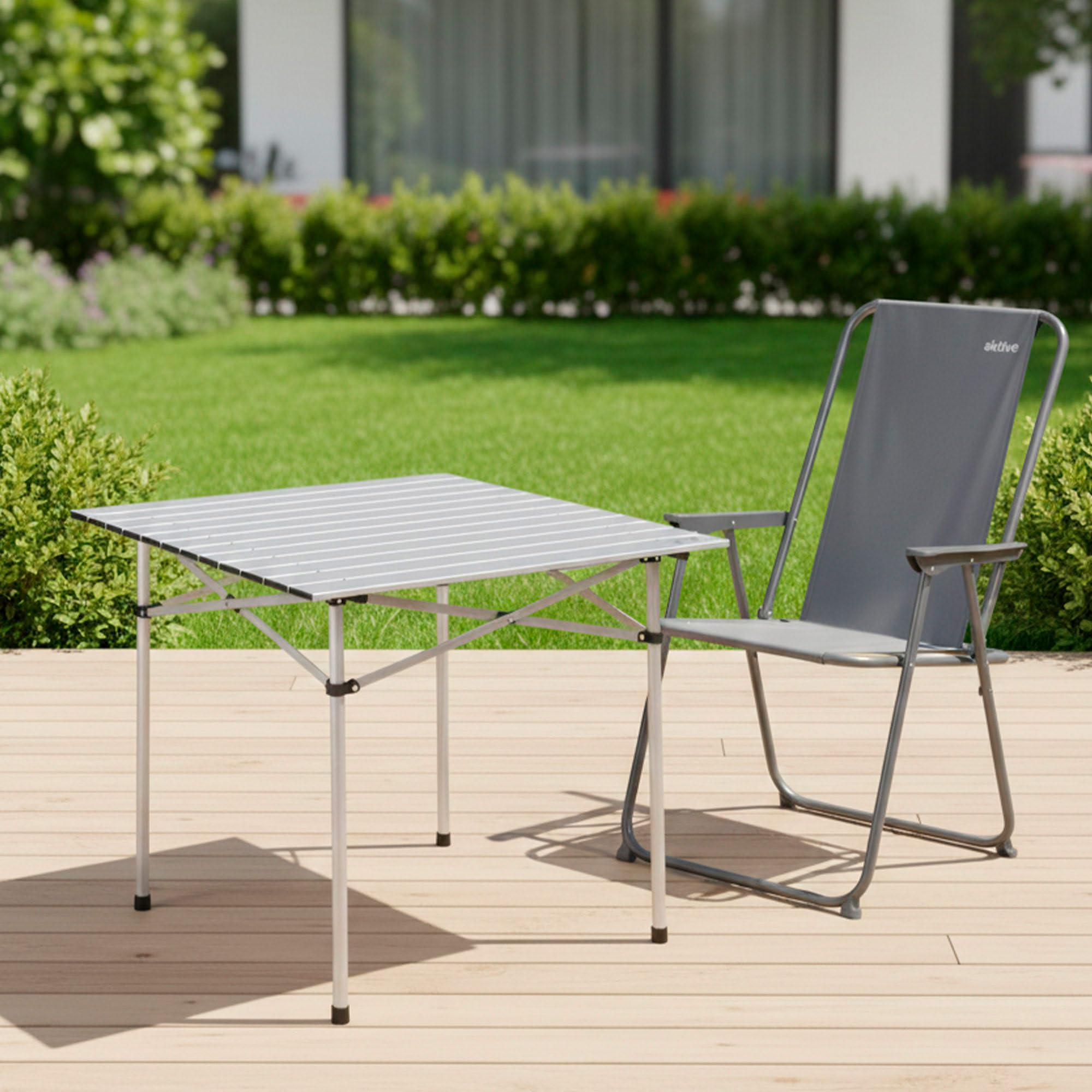 AKTIVE Mesa plegable ligera, Mesa camping aluminio, Tablero laminado, 70x70x70 cm, con bolsa de transporte, topes antideslizantes, para 4 personas (52840)