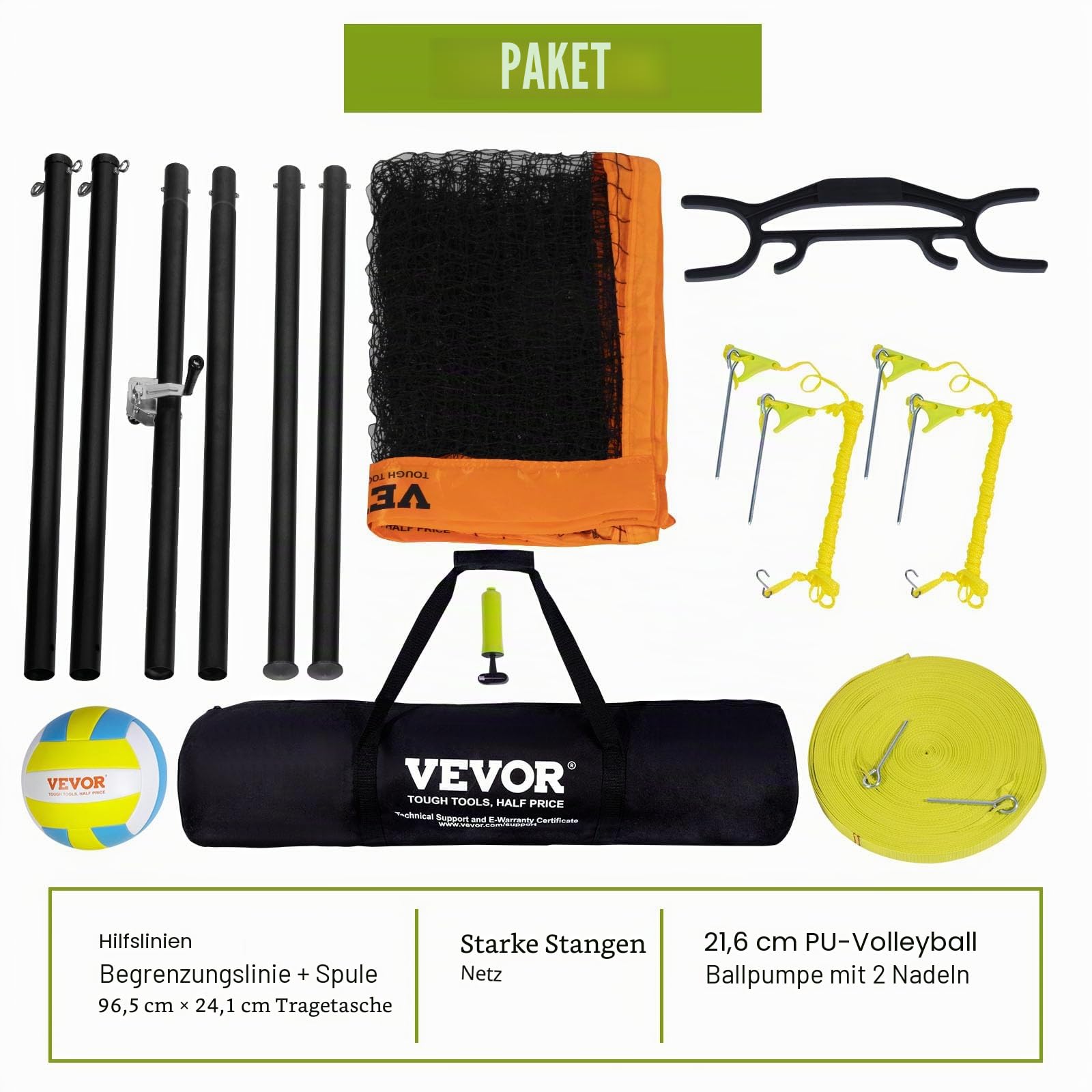 VEVOR Höhenverstellbares Volleyballnetz Set, 9,7 x 2,4 m Tragbarer Beachvolleyball-Netz, Orange Faltbar Mit Volleyball & Tragetasche, Für Garten, Strand