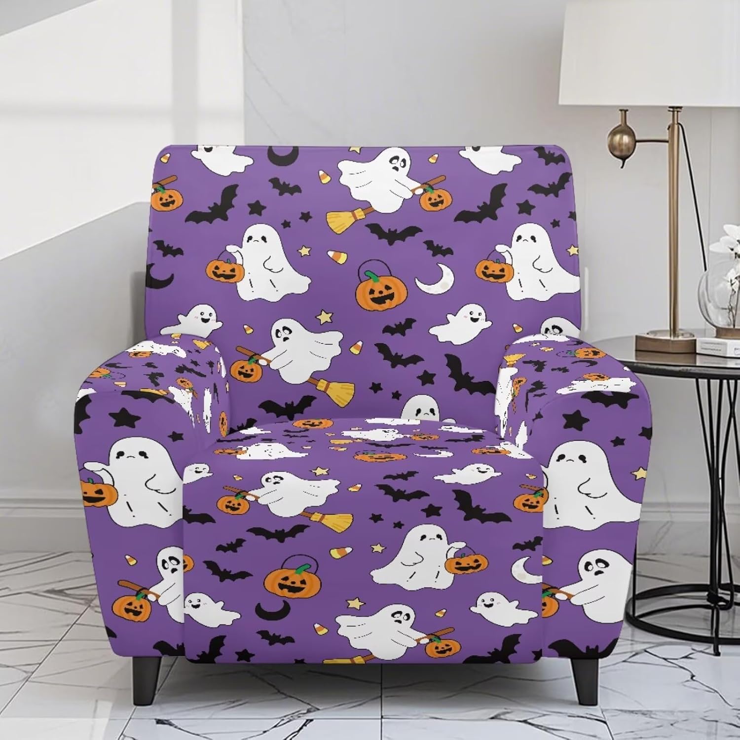 Recliner Slipcover Stretch Fabric Reclining Chair Protector for Single Seat Lounge Armchair Halloween Ghost Bat Pumpkin Print Anti-Dust Furniture Cover