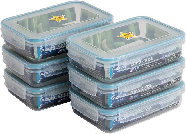 Addis Clip & Close 1.1 Litre Shallow Rectangular Food Storage Airtight Lockable Lid, Bulk Pack of 6 containers, Clear, Clear & Blue, 6 x 1.1 ltr
