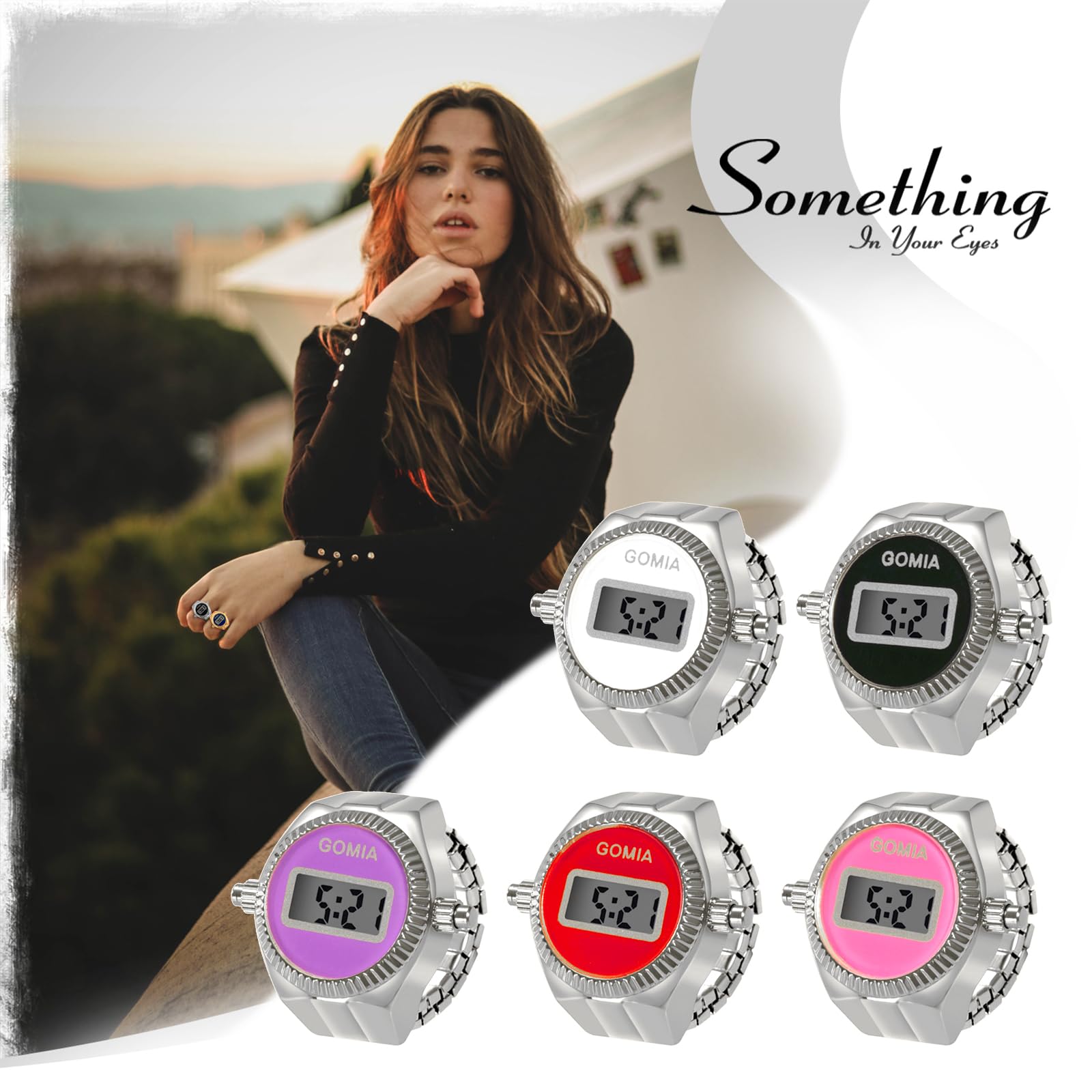 JewelryWe Ringuhr Fingeruhr Damen Digitaluhr - Runde Digital Elastisch Edelstahl Ring Uhr Frauen Fingerringuhr Uhrenring mit Kalender, Stoppuhr und Schwarz Zifferblatt
