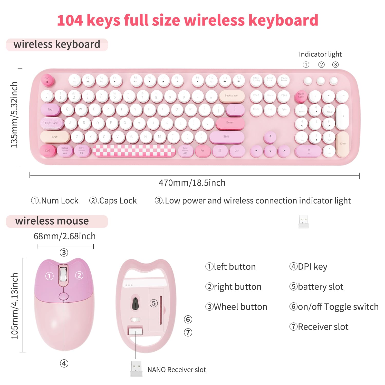 Pink Wireless Keyboard Mouse,COOFUN Cute Colorful 104 Keys Typewriter Retro Round Keycaps Keyboard for PC Laptop,Windows,Desktop, Home and Office Keyboards (Pink)
