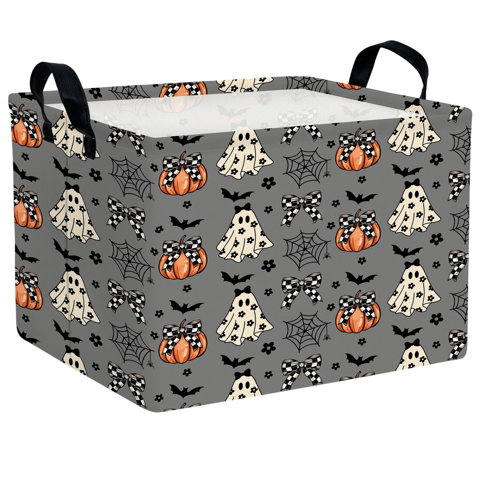 Halloween Basket Gift Cute Pumpkin Ghost Parties Decor Kid Trick or Treat Basket for Boys and Girls Rectangular Storage Bin Box (Black and White Checkered Bow Bat)