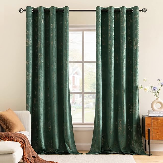 MIULEE 2 Panels Dark Green Bronzing Velvet Curtains Decoration Room Darkening Thermal Insulated Curtain Pair Eyelet Drapes for Living Room Kids Bedroom Nursery 46" W x 90" L 117x228cm
