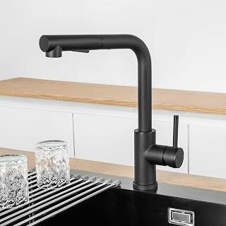 ANYCEE Wasserhahn Küche Schwarz, Hochdruck Küchenarmatur mit Ausziehbar, 360° Schwenkbar Küchenarmaturen mit Brause Zwei Wasserstrahlarten, Mischbatterie Küche Edelstahl