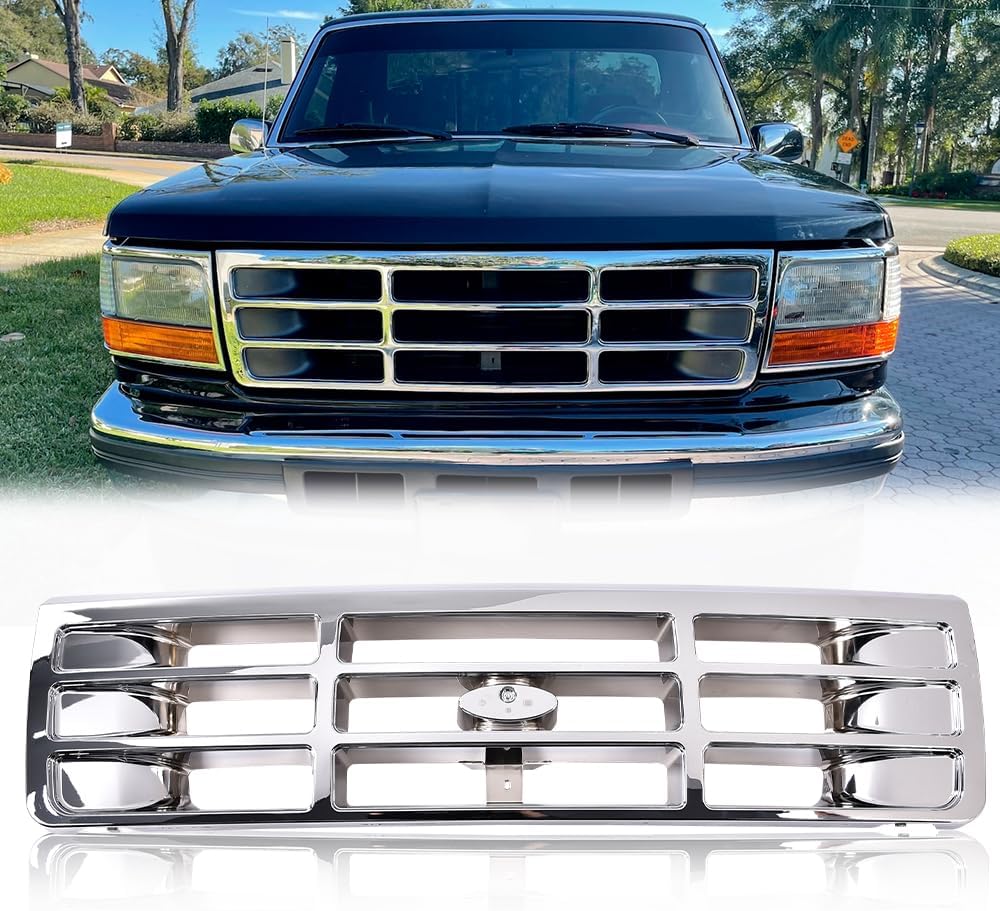 ANDPLAY Front Bumper Grille Grill Compatible with Ford F150 1992-1996 Fit Ford F250 1992-1997 Chrome F4TZ8200A, FO1200173, F2TZ13064D, FO2512130, F2TZ13064C, FO2513131