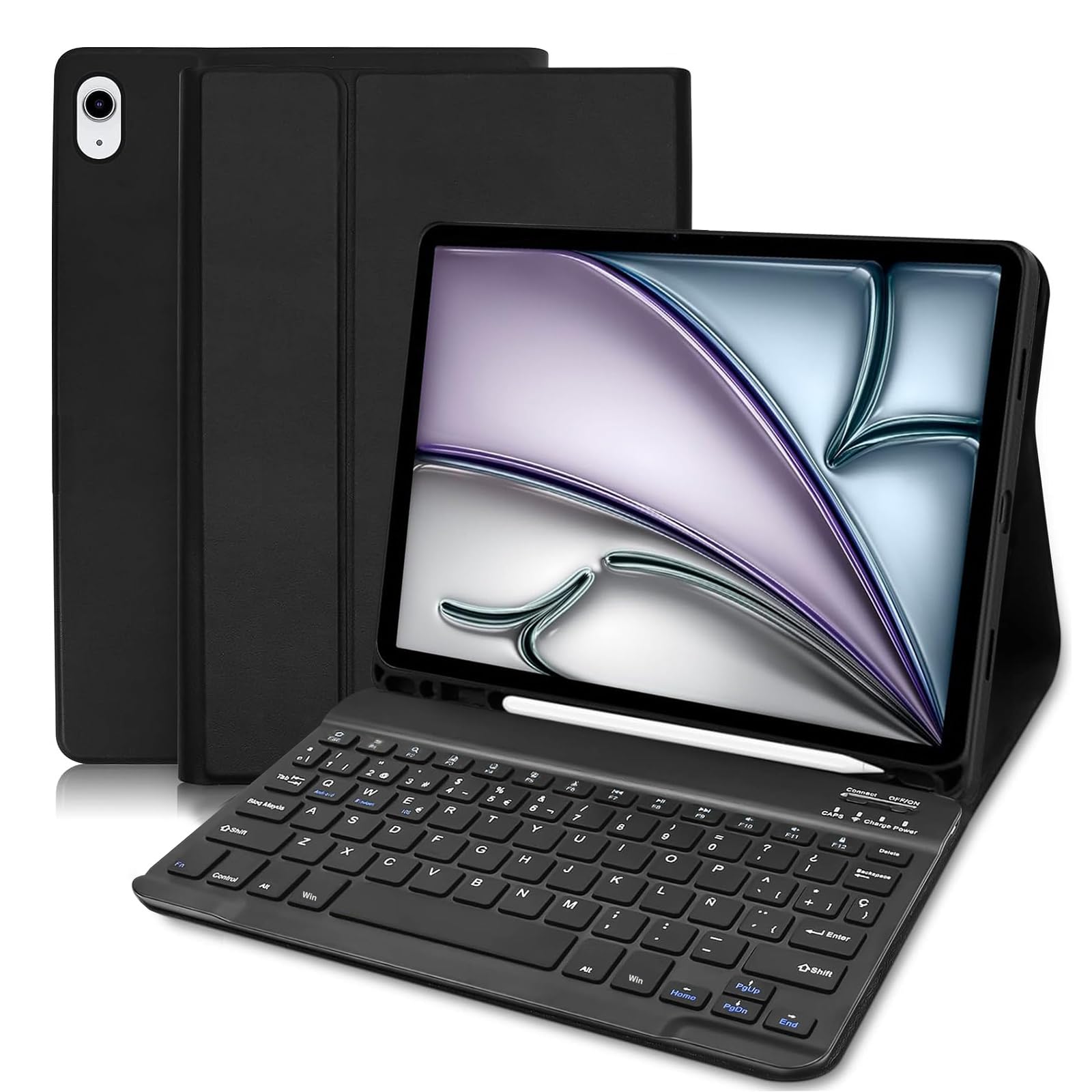 Funda con Teclado para iPad Air 11 M2 2024/ M3 2025, Español Ñ Bluetooth Magnético Desmontable, Funda Teclado para iPad Air 11 Pulgadas M3 2025/ M2 2024/ 6th/5th/ 4th Gen, Negro