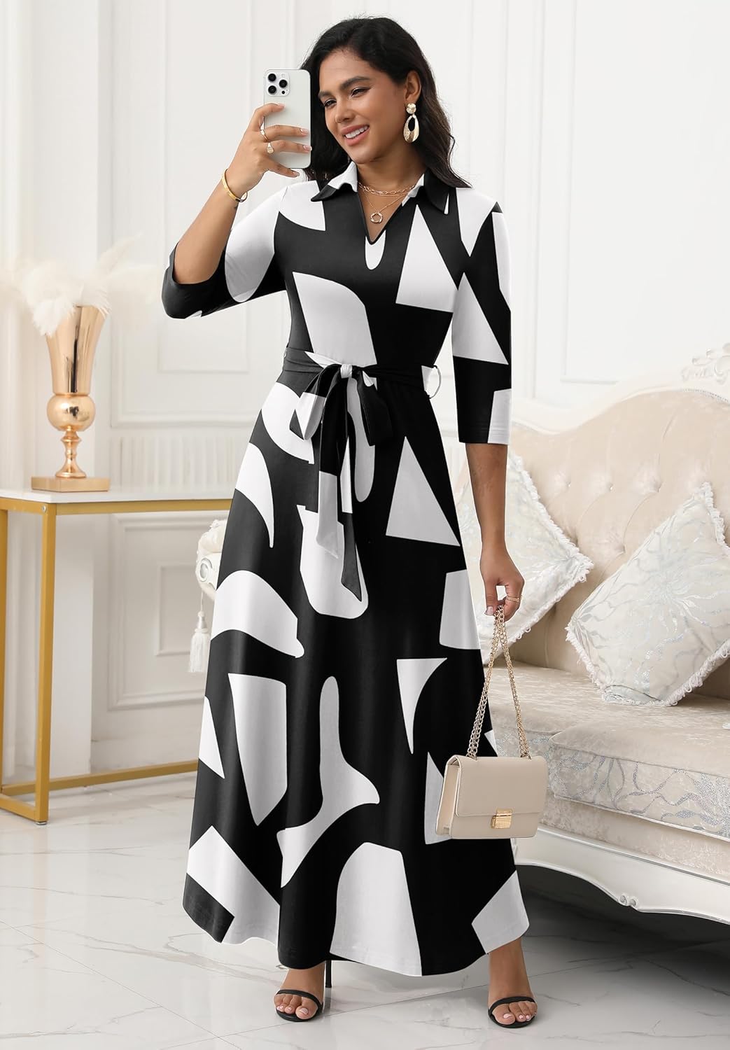 FANDEE Maxi Dresses for Women V Neck Casual A-line Dress 3/4 Sleeve Semi Formal Dress for Women - Image 5