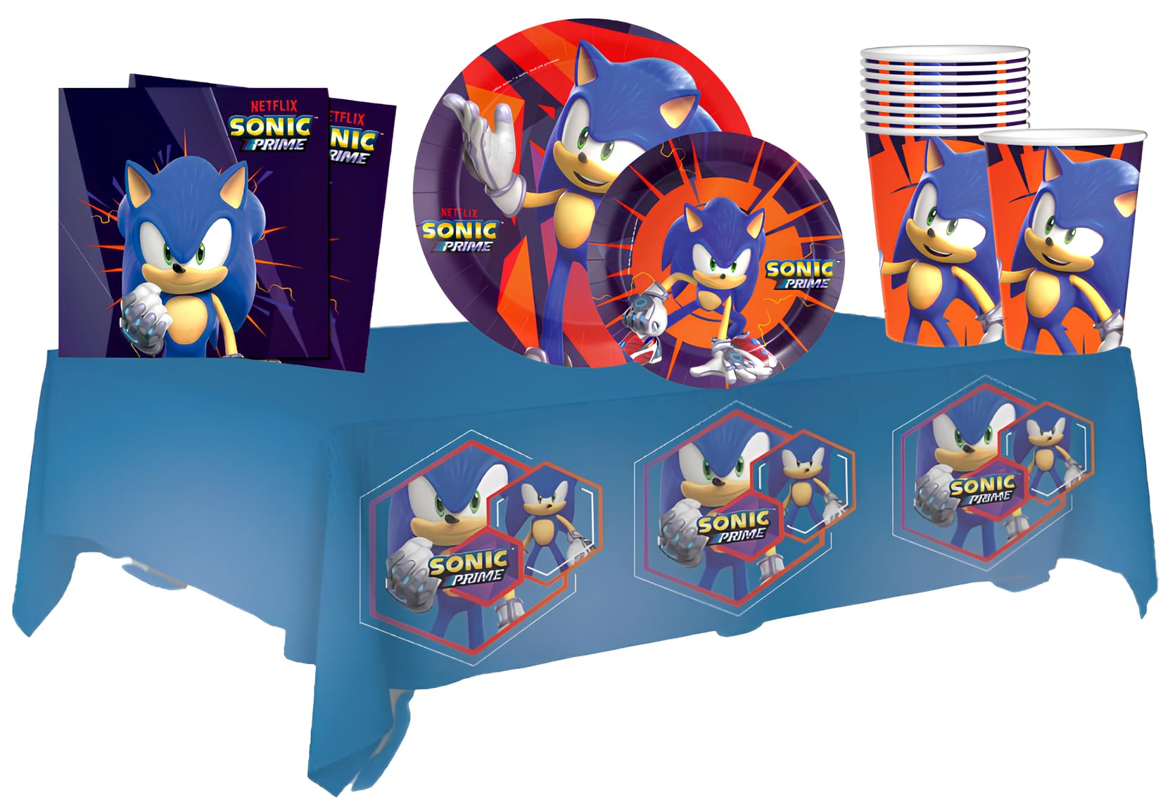 Kit Compleanno Sonic per 8 Persone - Set Festa con Piatti 23cm e Piatti 18cm, Bicchieri, Tovaglioli e Tovaglia - Addobbi Tema Sonic per Bambini